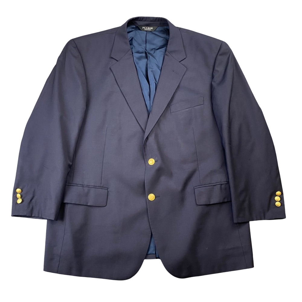 Jos A Bank Mens 46 Short Navy Wool Blazer Gold Buttons Two Button Sport Coat